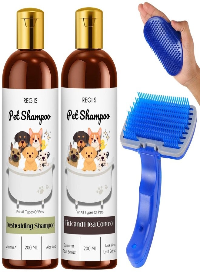 REGIIS Pet Grooming Kit, 200ml Deshedding Shampoo, 200ml Tick and Flea Control Shampoo with Brush, for All Pets - Image 1